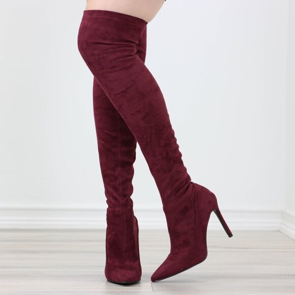Burgundy Over-the-Knee Boots Pointed Toe Faux Suede Stiletto Heel - Picture 8 of 15